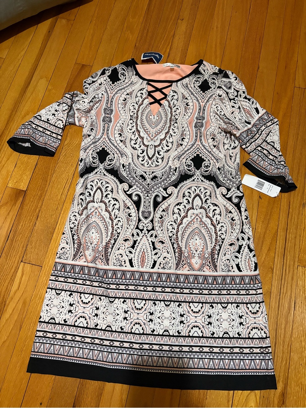 Sandra Darren Pink and Black Paisley Lace-Up Shift Dress